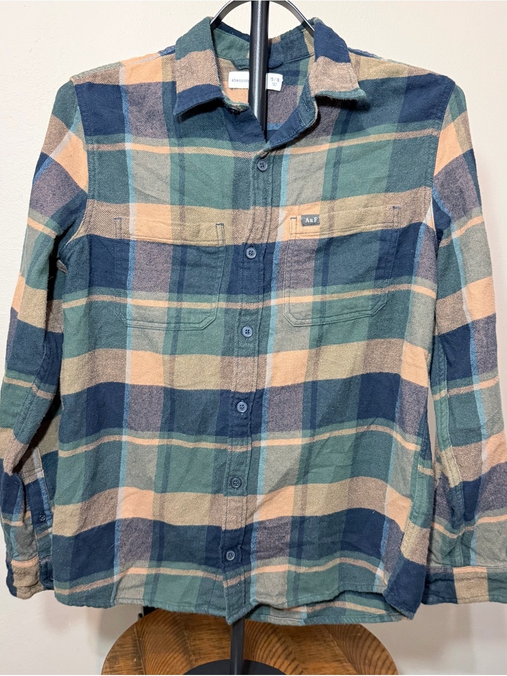 Abercrombie Kids Plaid Flannel 15/16 Blue Green Tan Pockets Check Measurements